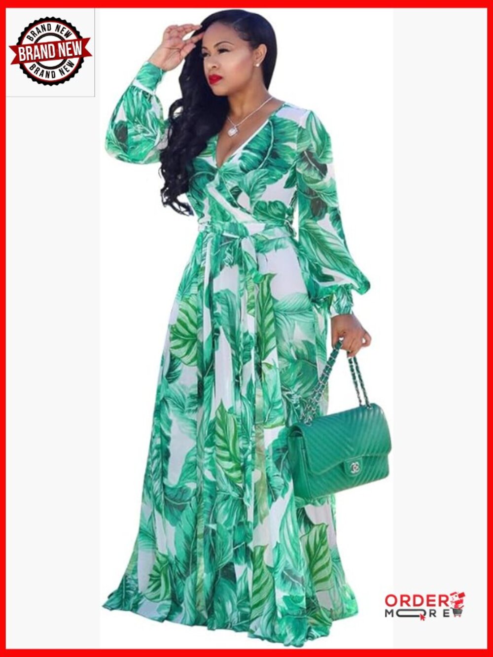 Chiffon Deep V-Neck Stripe Printed Maxi Dress Loose Summer Boho High Waist